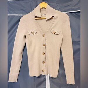 Elie Tahari Beige Rib Knit V-Neck Button Front Cardigan, SZ S